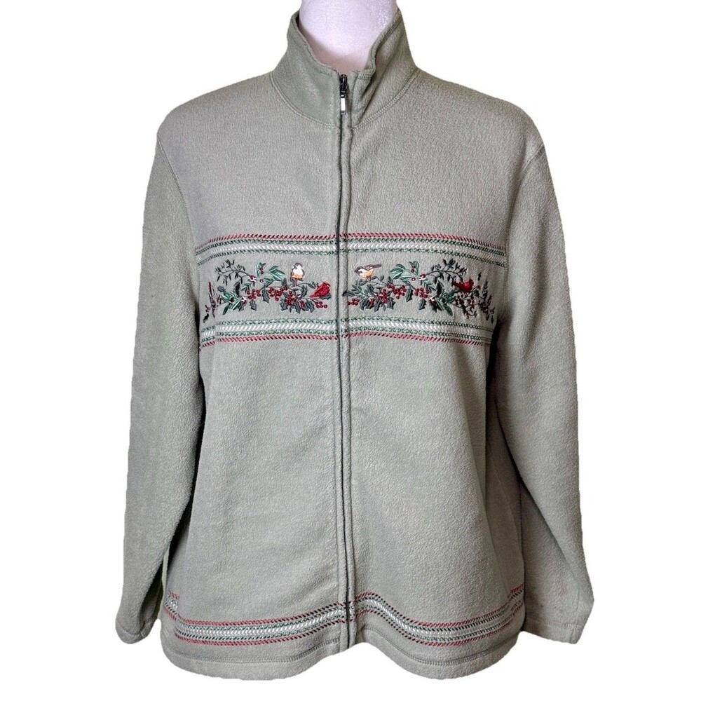 Women’s Green Fleece Embroidered Jacket Cardinals Birds Holly Cottagecore‎ Sz PL